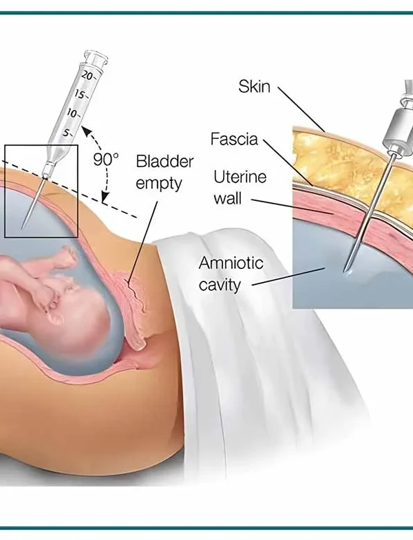 تصویر انجام آزمایش آمینوسنتز و نمونه‌گیری از مایع آمنیوتیک برای بررسی سلامت جنین